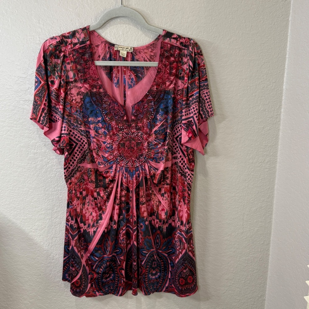 Energe World Wear Plus 1X Pink Paisley Tunic Top Boho Whimsygoth Artsy Y2K Style